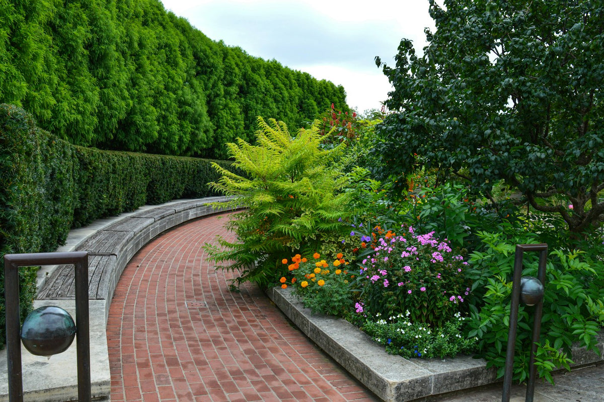 Seasonal flower beds and trimmed hedges along a brick walkway